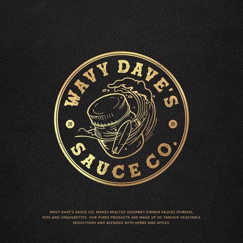 Surfing logo with the title 'Wavy Dave's Sauce Co.'