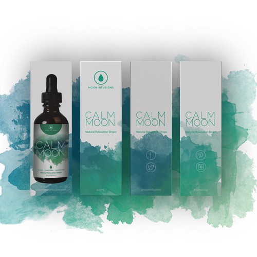 Green and blue design with the title 'Packaging design for Calm Moon drops'