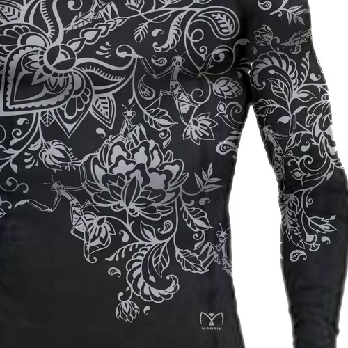 Ornamental design with the title 'Stylish Rash Guard for Mantis Fightwear'