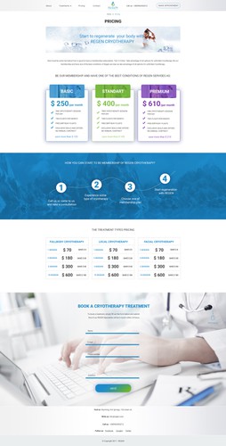 Spa website with the title 'Pricing page for Regen Cryotherapy website '