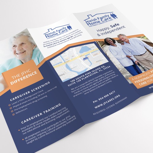 Orange and blue design with the title 'Tri-fold brochure for Jewish Family Home Care'