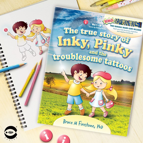 Drawing book cover with the title 'Book cover for “The true story of Inky, Pinky and the troublesome tattoos” by Bruce M Firestone'