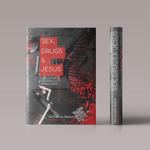 Autobiography book cover with the title 'Book cover design for Sex. Drugs & Jesus'