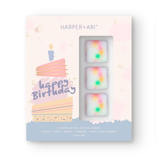 Birthday design with the title 'Bath scrub cube set packaging design'