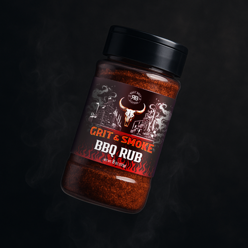 Smokehouse design with the title 'Rust Belt Flavors - Grit and Smoke BBQ Rub, USA'