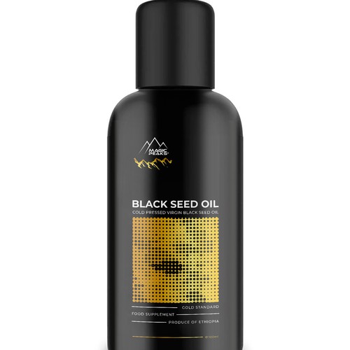 Black packaging with the title 'Black Seed Oil Bottle Design'
