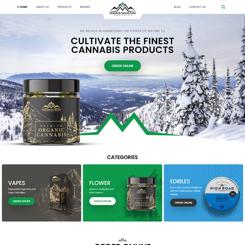 Green website with the title 'Dispensary Website Design - Upscale Ski Town'