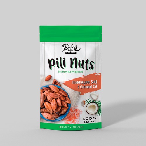 Coconut packaging with the title 'Packaging for a Pili nut company'