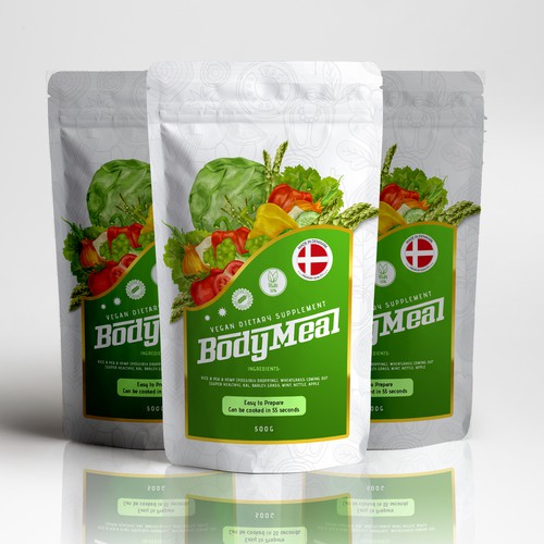 Vegetable packaging with the title 'Body Meal vegan dietary supplement'