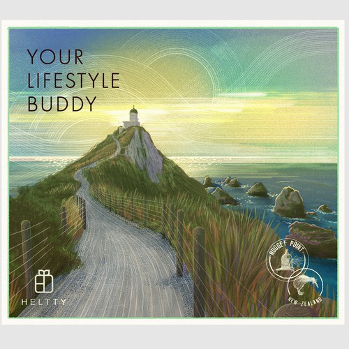 Detailed illustration with the title 'Nugget point landscape illustration for Heltty'