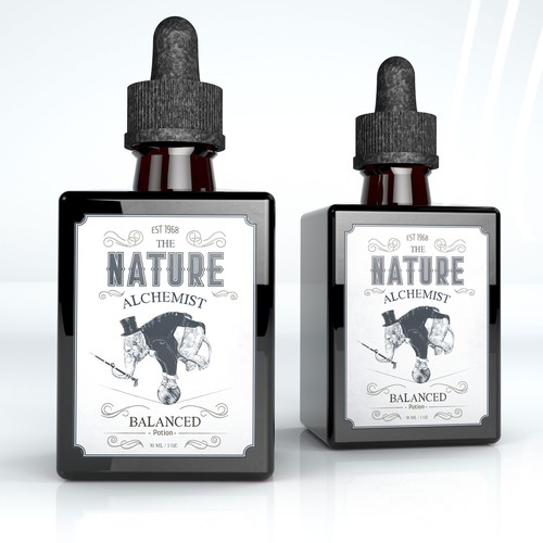 Retro packaging with the title 'Nature Alchemist Oil Label'