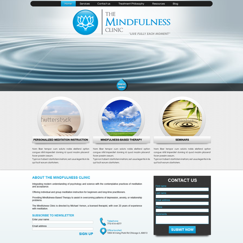 Therapy website with the title 'Mindfulness-based therapy clinic needs engaging and dynamic redesign. '