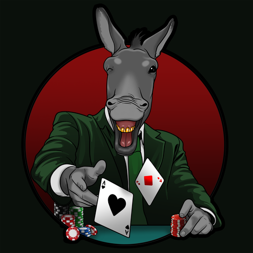 Poker chip logo with the title 'Donkey playing poker'