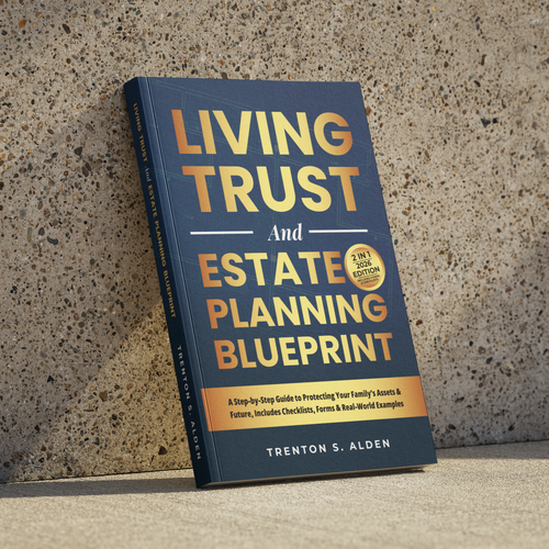Real estate book cover with the title 'Hardcover Book : Living Trust and Estate Planning Blueprint'