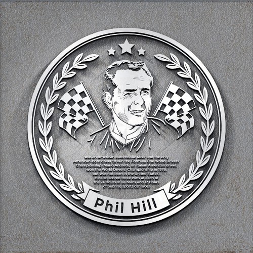 Driver design with the title 'Phil Hill Walk of Fame Plaque'