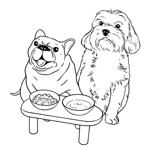 Pet artwork with the title 'Minimalistic line drawn Illustration of dogs with feeding-station product'