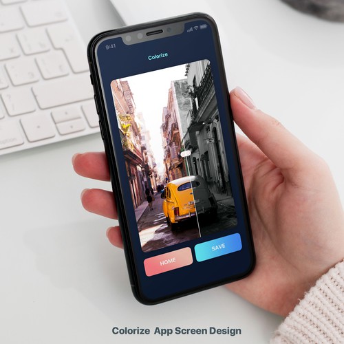 Dark blue design with the title 'Colorize Mobile App Design'