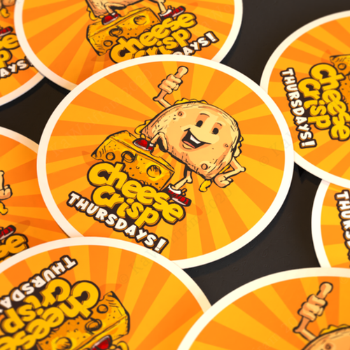 Sticker artwork with the title 'Cheese-taco-themed sticker designs'