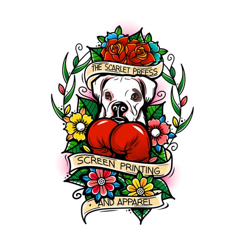Dog t-shirt with the title 'Design a vibrant, traditional/old school tattoo style Tshirt'