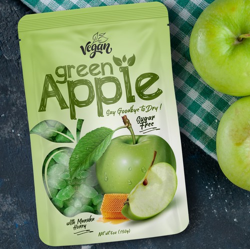 Stand-up pouch packaging with the title 'Green Apple candy packaging'