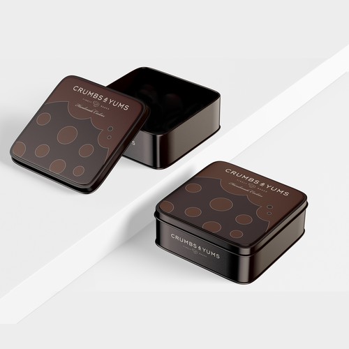 Biscuit packaging with the title 'crums and yums cookie tin'