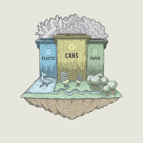 Colorful t-shirt with the title 'Recycling bins, our heroes'