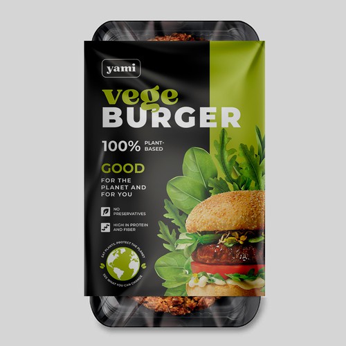 Burger design with the title 'Vege food packaging design'