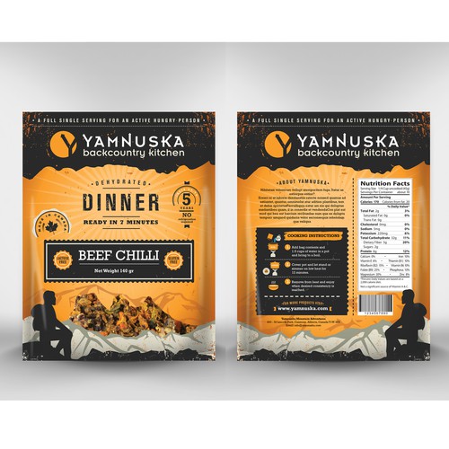 Stand-up pouch packaging with the title 'New Backcountry Food Retail Package targeted to the outdoor market'