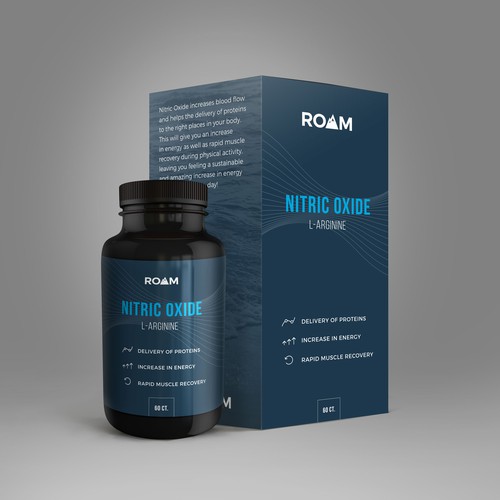Pills packaging with the title 'Nitric Oxide Label Design'