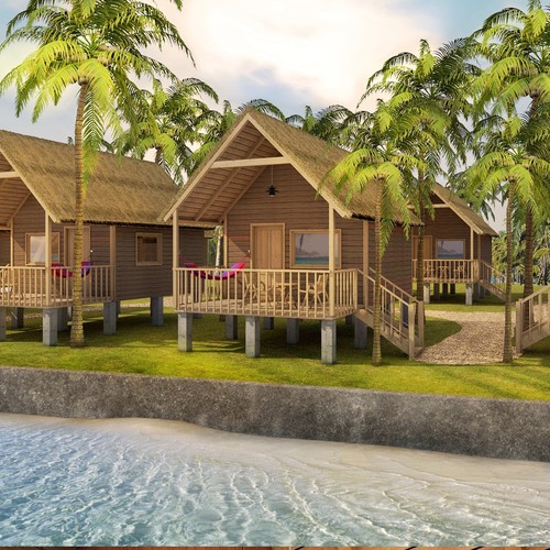 House building design with the title 'Tropical Resort Cabanas Interior & Exterior Design'