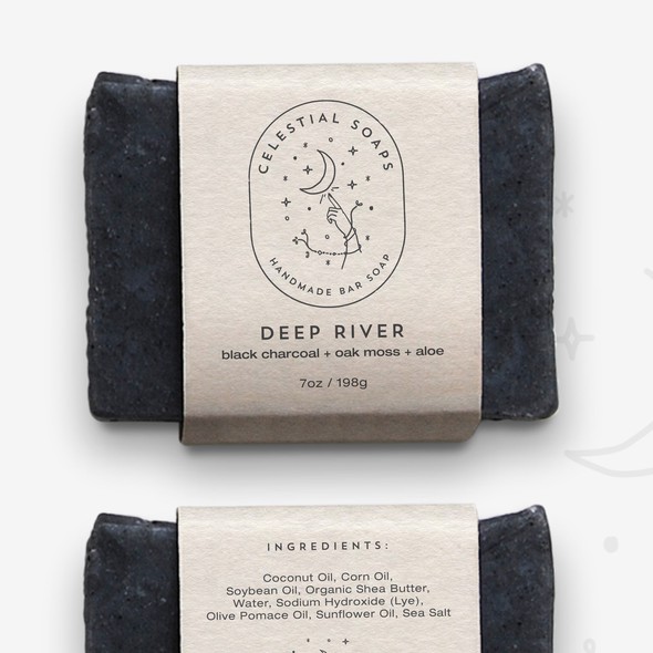 Line drawing logo with the title 'Logo and Packaging for Celestial Soaps'