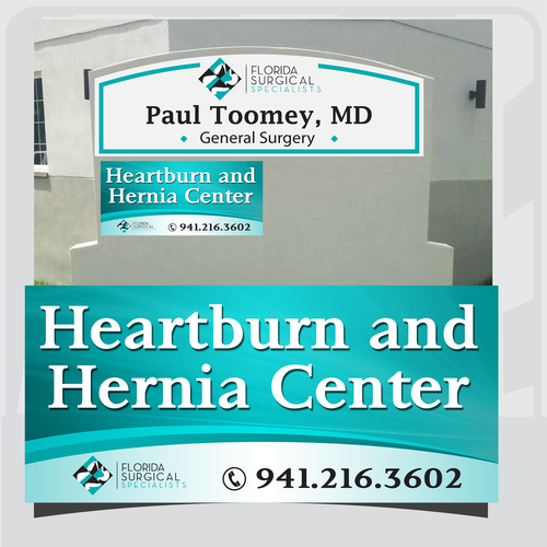 Swoosh design with the title 'Signage for Heartburn and Hernia Center'