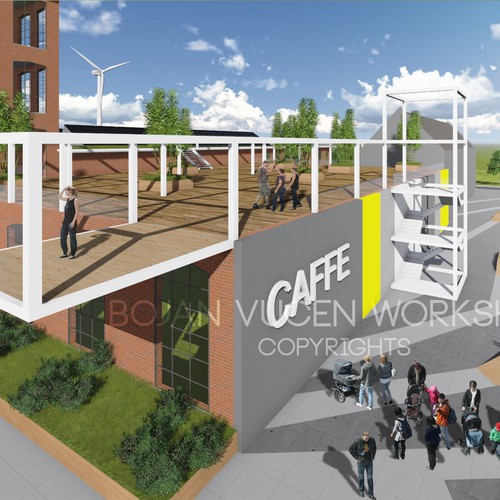 Architectural design artwork with the title 'Urban Regeneration of Factory Building'