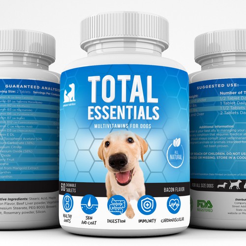 Bottle packaging with the title 'Label design for dog supplement'
