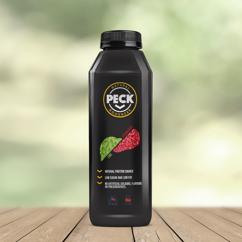 Juice label with the title 'Peck bottle design'