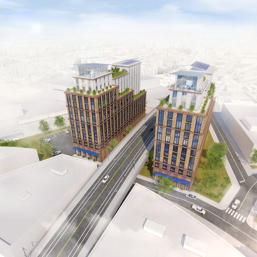 3D illustration with the title 'Residential building design / Bronx, NY'