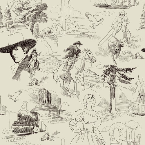 Ink drawing design with the title 'Wild West'