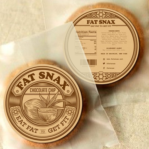 Coconut label with the title 'Fat Snax Label Design'