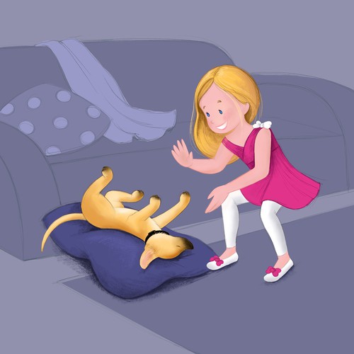 Puppy illustration with the title 'Girl playing with puppy'