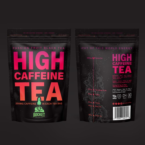 Pouch packaging with the title 'the World's Most Caffeinated Tea - ROCKET TEA'