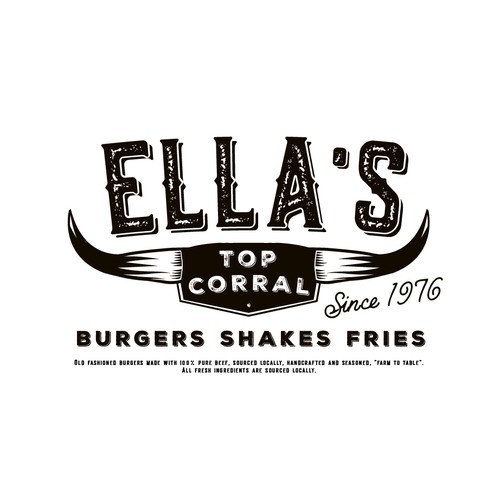 Burger design with the title 'Ella's Top Corral'