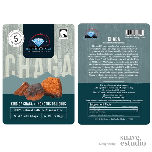 Professional label with the title 'Diseño de etiqueta para Arctic Chaga'