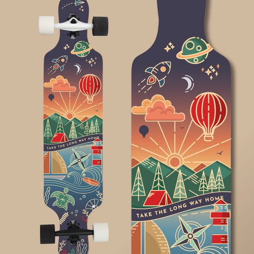 Travel illustration with the title 'Artistic Longboard/Skateboard design for both bottom and top'