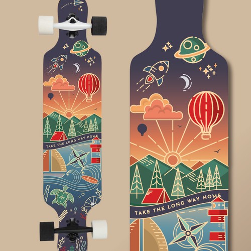 Line illustration with the title 'Artistic Longboard/Skateboard design for both bottom and top'