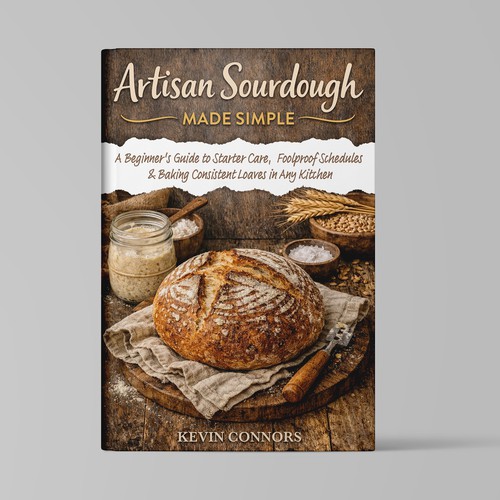 Food book cover with the title 'Artisan Sourdough Made Simple – Cookbook Cover'