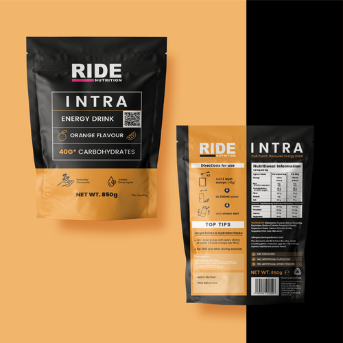 Sport packaging with the title 'RIDE NUTRITION - Energy Drink Packaging Design'