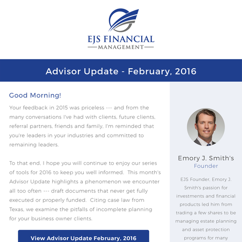 Announcement design with the title 'Email Design For EJS Financial'