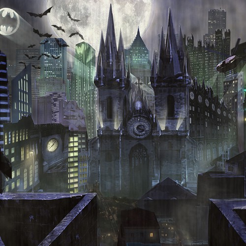 Batman design with the title 'Create an Illustration of Gotham City at Night'