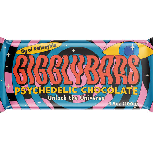 Retro packaging with the title 'GigglyBars Psychedelic Chocolate Packaging Design'