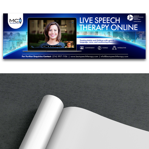Online marketing design with the title 'Print Ad for Live Speech Therapy Online'